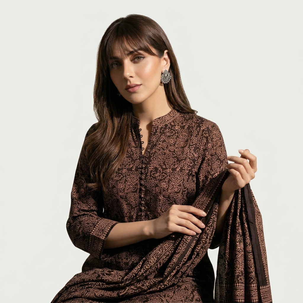 Ajrak Floral Bel dark maroon two-piece shirt and dupatta with traditional hand block printed floral motifs.