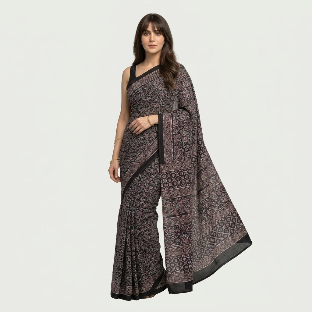 Ajrak Floral Bel Lawn Saree – Traditional Hand Block Printed Ajrak Saree with Elegant Floral Vine Motifs by Sartiyoon Pakistan