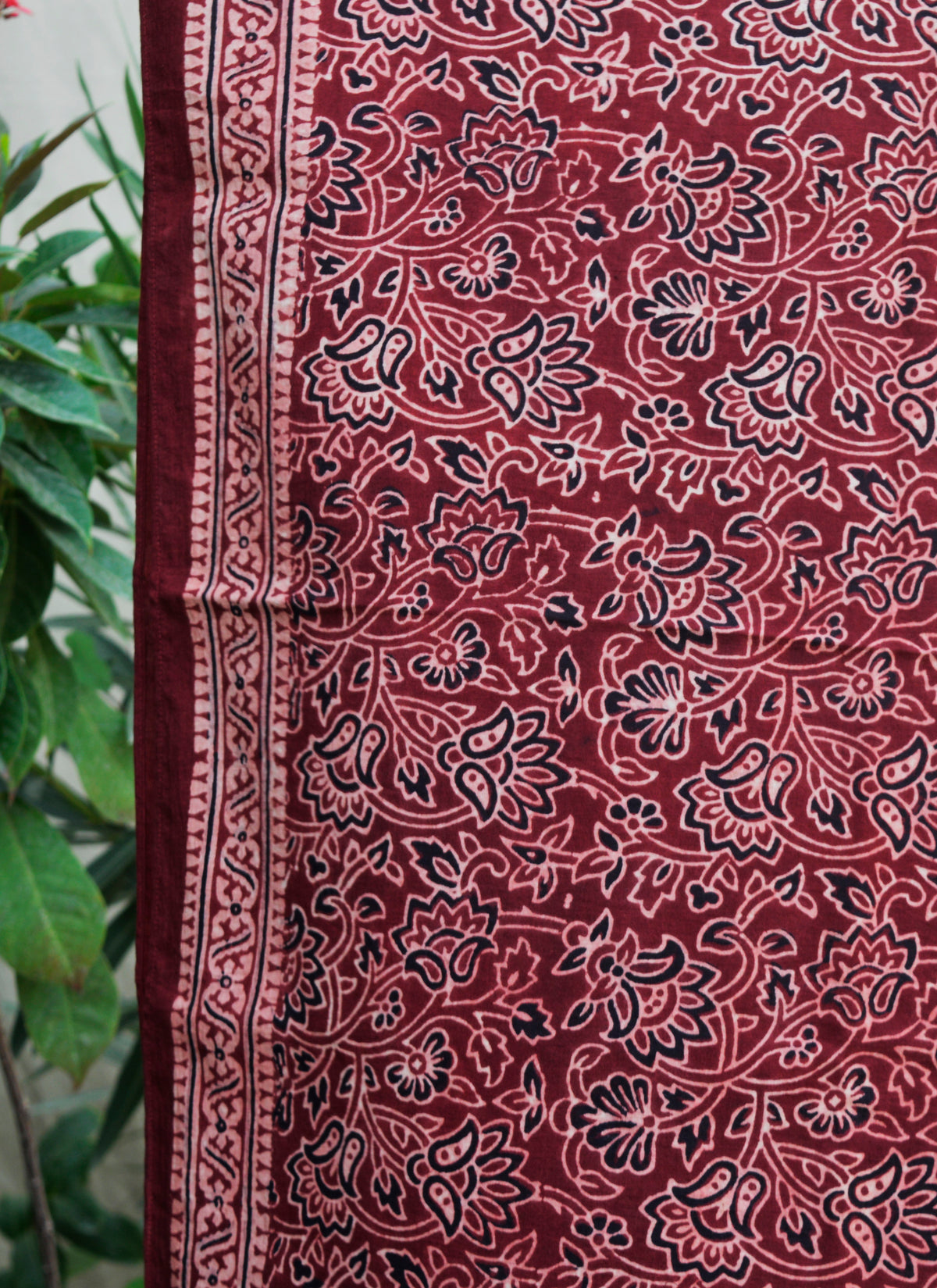 Ajrak Scarf, Red and Maroon Floral Bel, Organic Dye Lawn