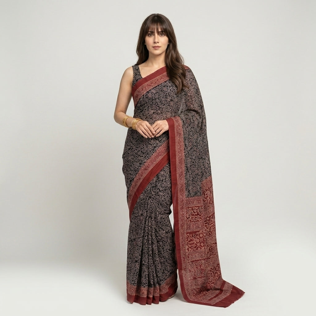 Ajrak Floral Bel Lawn Saree with Matching Blouse – Traditional Hand Block Printed Ajrak Saree for Women by Sartiyoon Pakistan