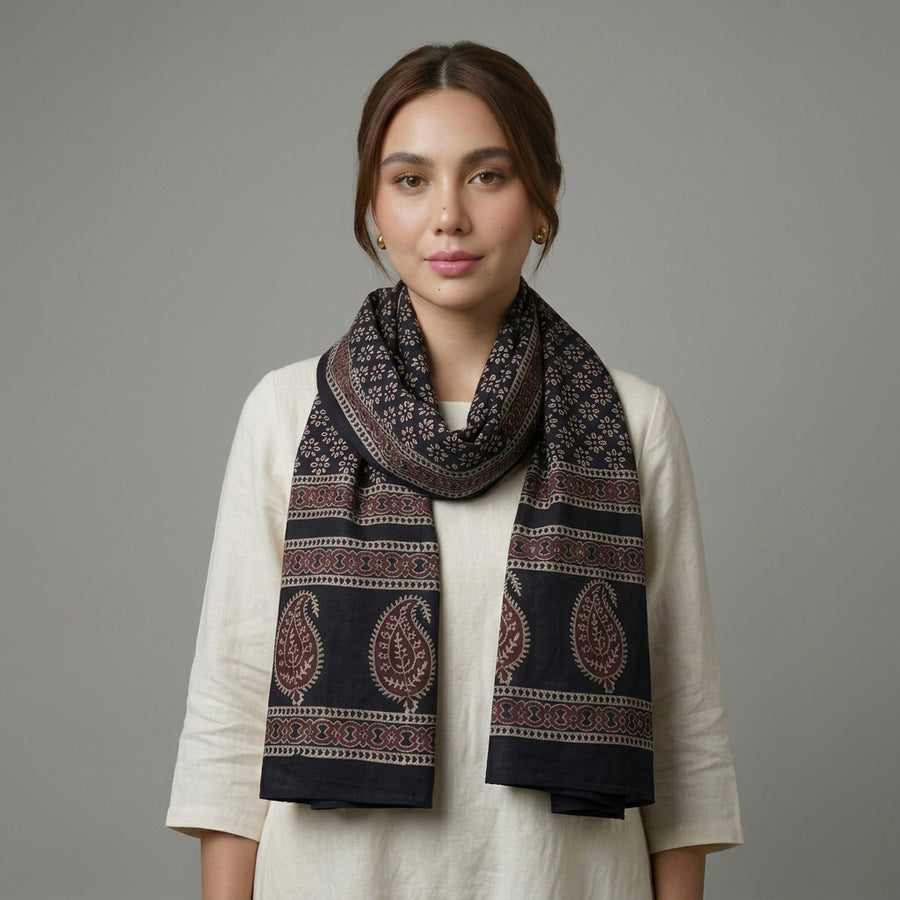 Ajrak Black Floral Scarf – Organic Dye Hand Block Printed | Lawn