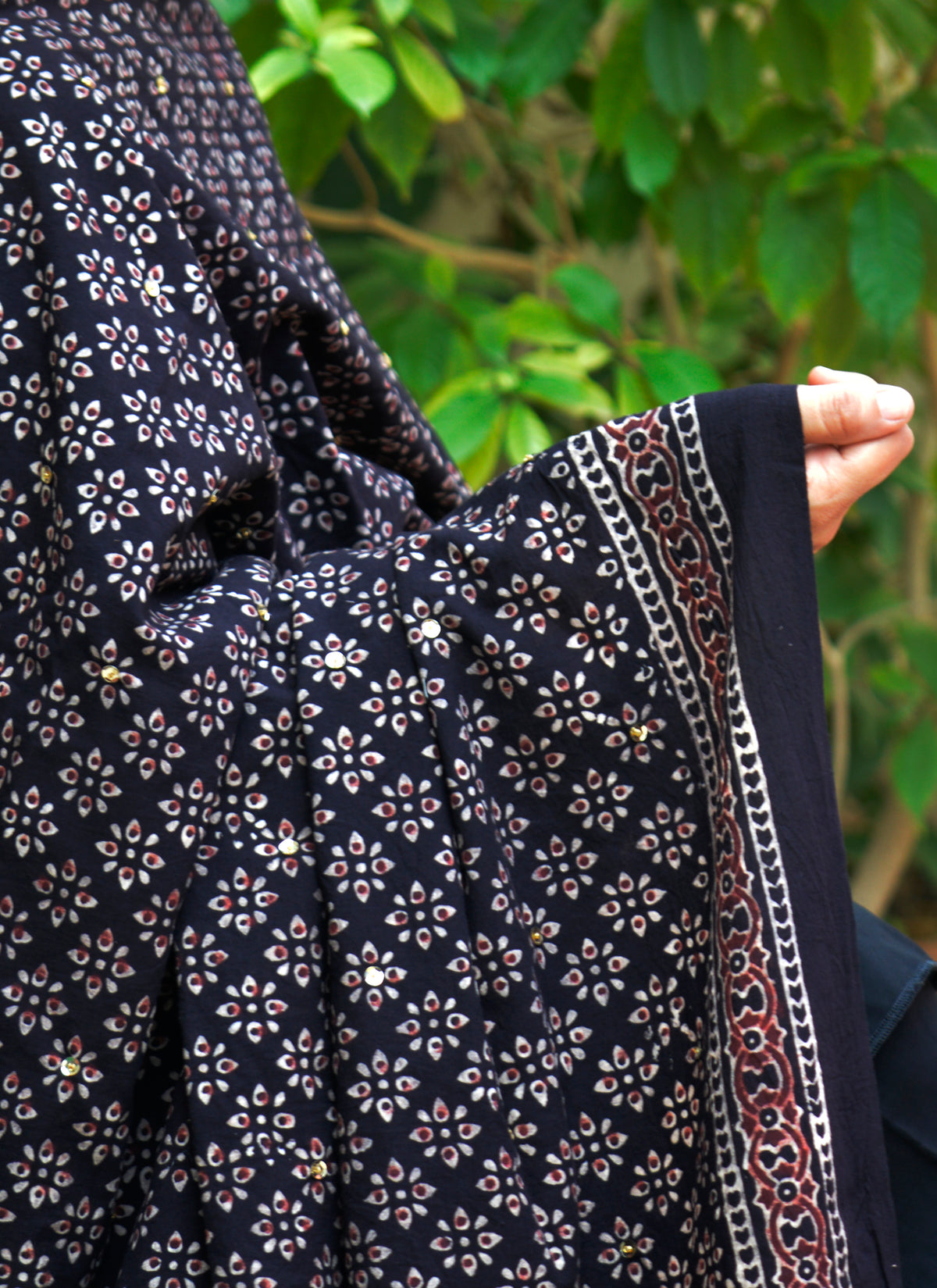 Organic Dye Hand Block Printed Ajrak Black Odhni floral dupatta with maroon filling motifs