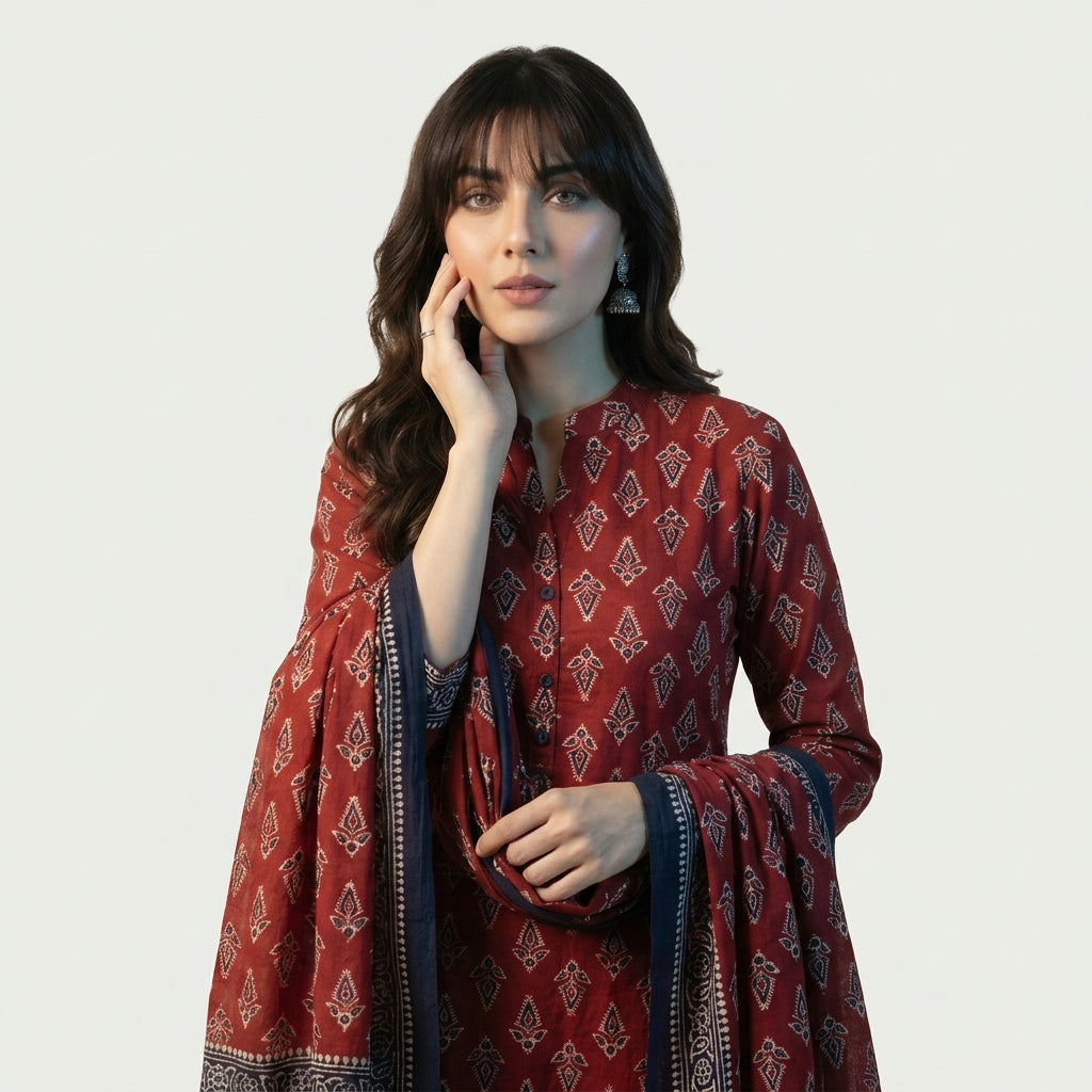Ajrak Floral Butti two-piece unstitched dress with traditional hand block printed floral motifs and matching shirt and dupatta.