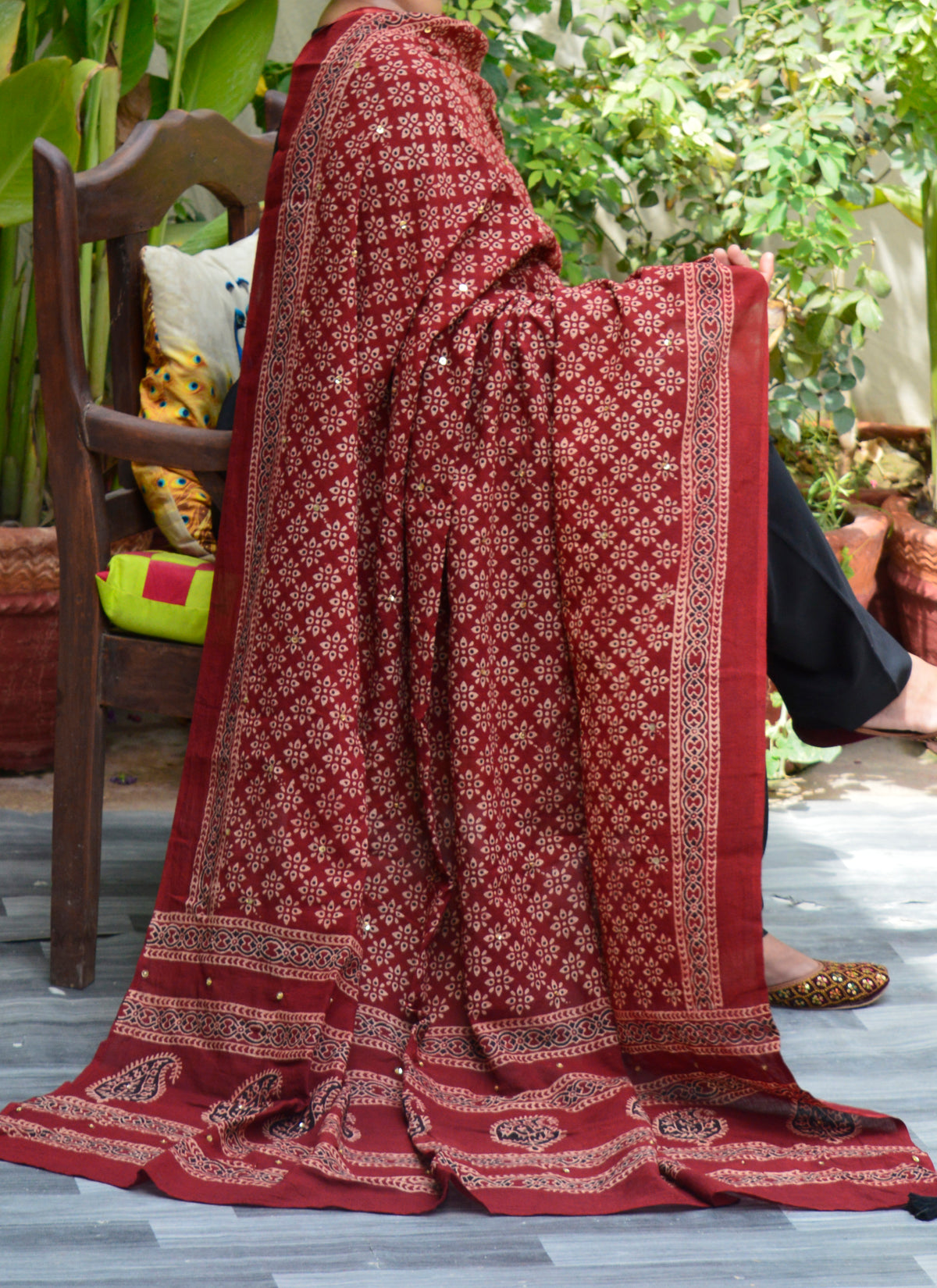 Organic Dye Ajrak Floral Chaadar with Hand-Stitched Sitara and Tassels
