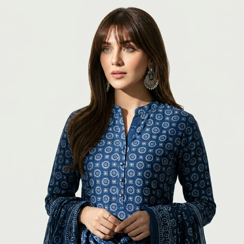 Ajrak Floral Indigo Two-Piece Dress with Traditional Hand Block Printed Floral Motifs and Elegant Indigo Patterns