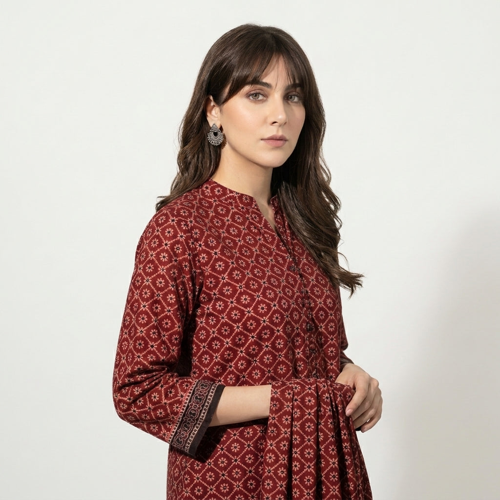 Ajrak Floral Jaal Lawn Two-Piece Suit with Hand Block Printed Shirt and Matching Dupatta, Traditional Floral Motif Design