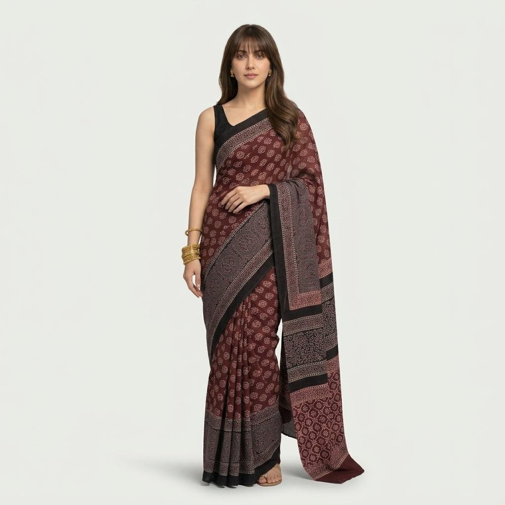 Ajrak floral maroon saree with matching blouse, traditional hand block printed elegant saree design.