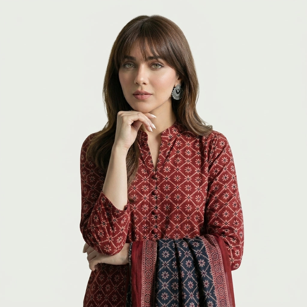 Ajrak Floral Red and Black Two-Piece Unstitched Suit with Traditional Hand Block Printed Design in Lawn or Cotton