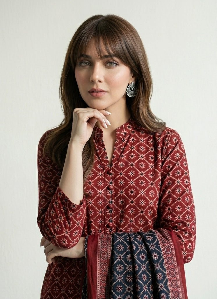 Ajrak Floral Red & Black hand block printed unstitched lawn two-piece with shirt and dupatta featuring traditional Sindhi Ajrak patterns in rich contrast tones.