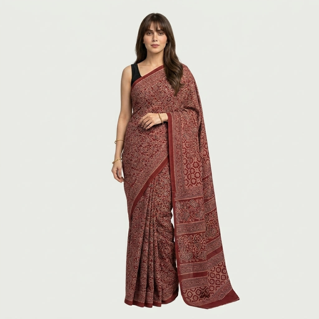Ajrak Floral Red Saree with Matching Blouse Piece – Traditional Hand Block Printed Red Ajrak Saree by Sartiyoon Pakistan