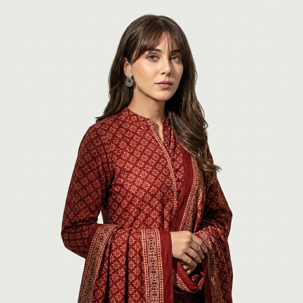 Ajrak floral two-piece set featuring a traditional hand block printed shirt and matching dupatta with elegant floral motifs.