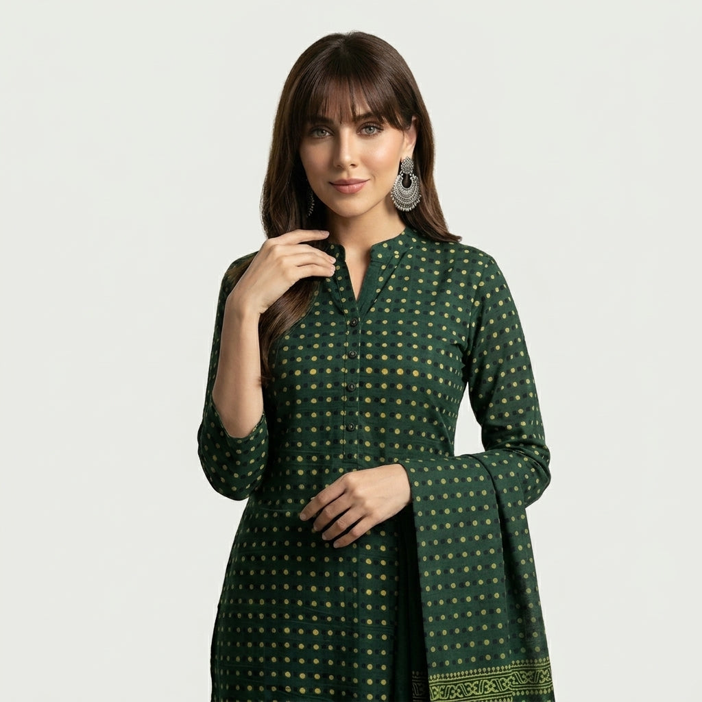 Ajrak green polka dot hand block printed dress in lawn or cotton with traditional motifs.