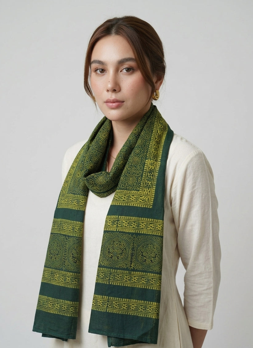 Organic Dye Green Ajrak Scarf – Hand Block Printed Lawn | Ajrak Design Dress