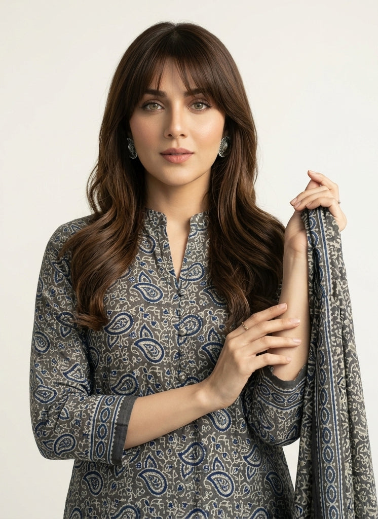 Organic Dye Ajrak Grey Floral Paisley hand block printed lawn two-piece shirt and dupatta