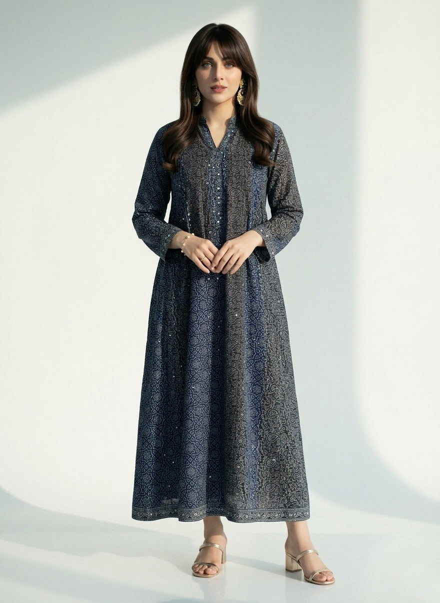 Grey with Indigo Boho Patchwork Ajrak Maxi Dress – Luxury Organic Dye Hand Block Printed Ajrak Design Dress