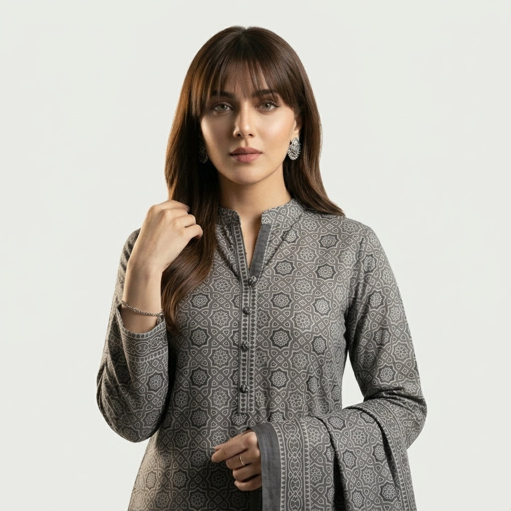 Ajrak Grey Moroccan Two-Piece Dress with Traditional Hand Block Printed Moroccan Motifs in Cotton or Lawn.