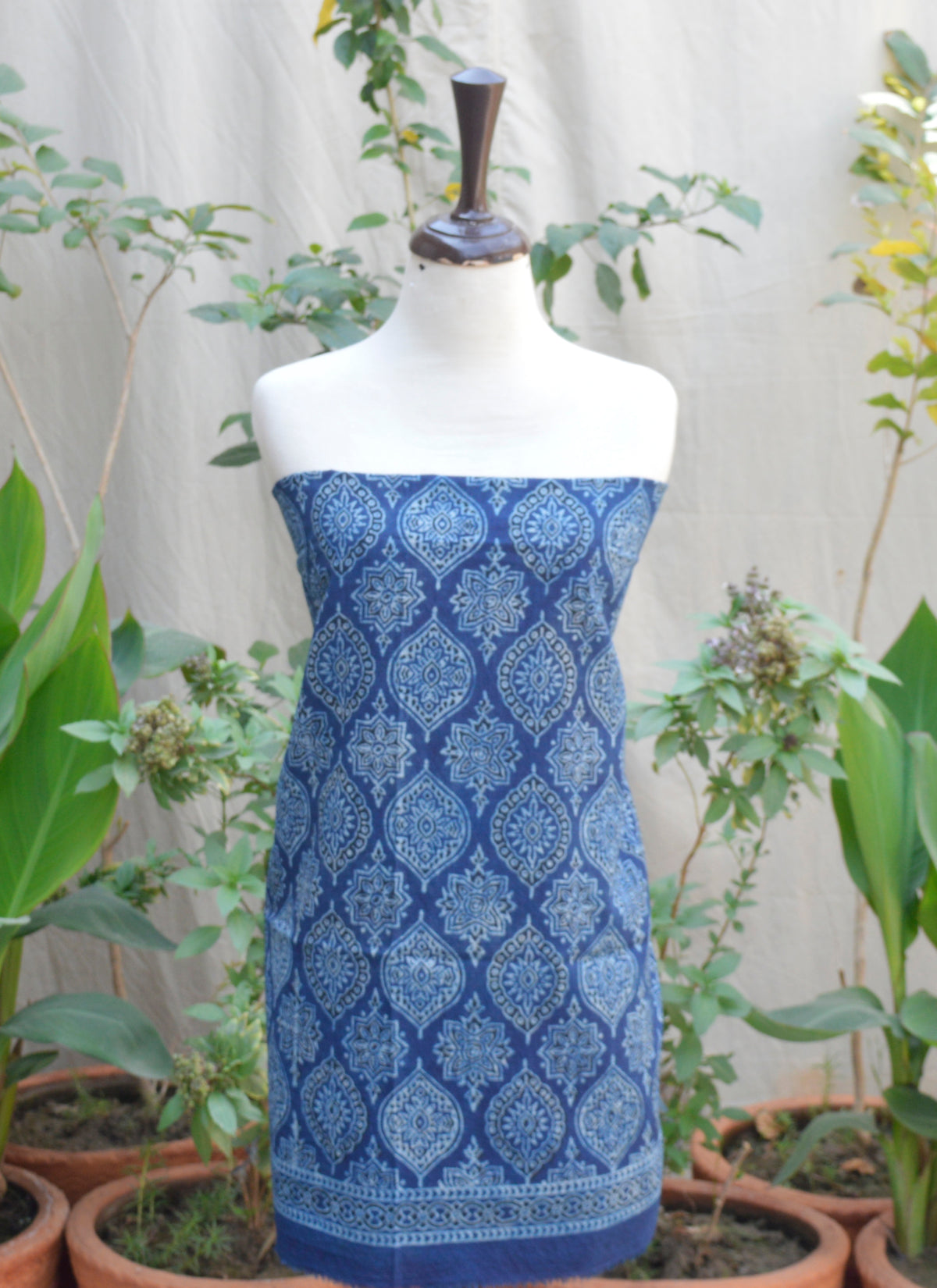 Handcrafted Ajrak Indigo Badam Unstitched Suit – Eco-Friendly Lawn Fabric with Cultural Elegance