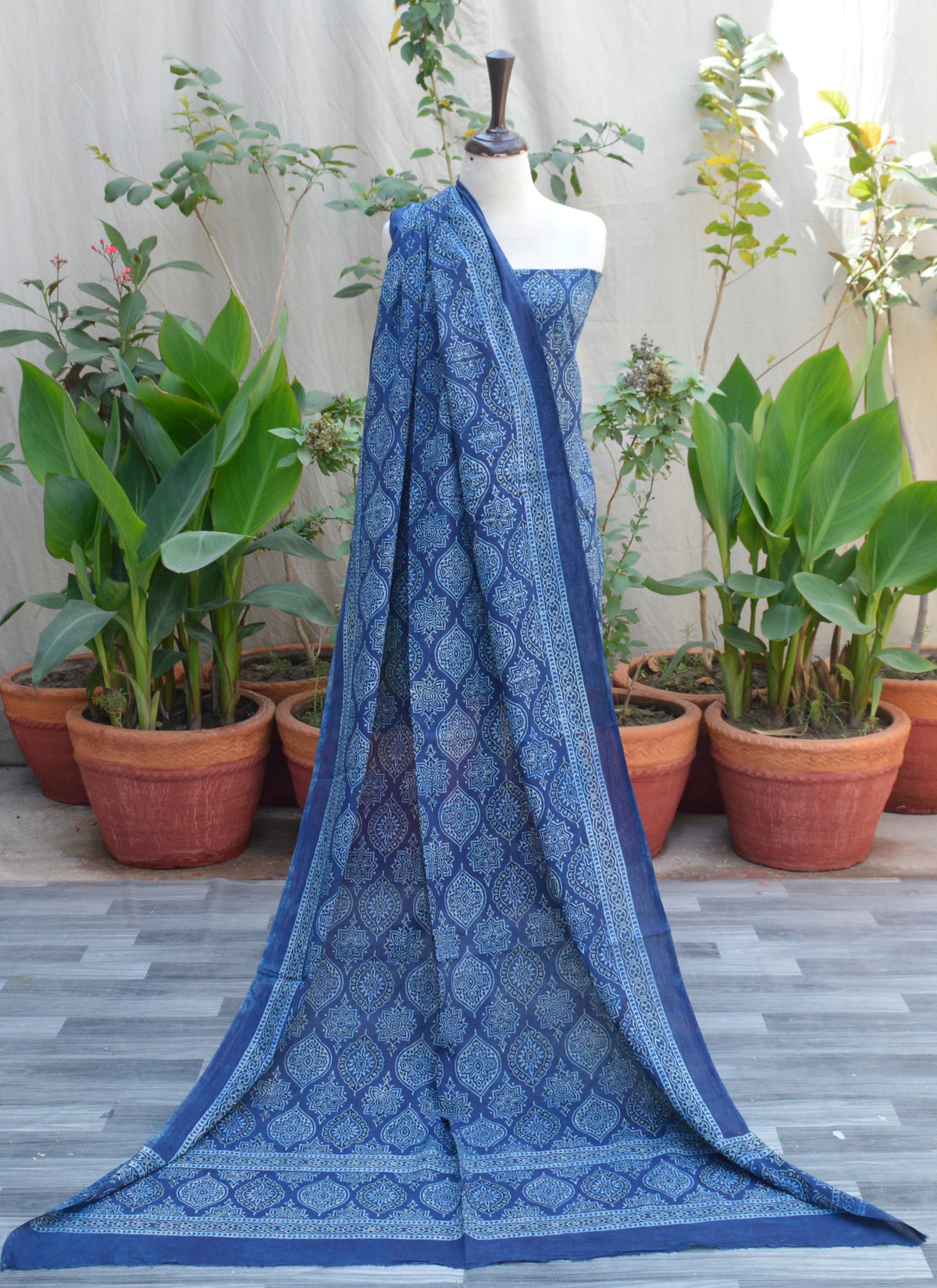 Ajrak Design Dress –Ajrak Indigo Badam organic dye hand block printed two piece shirt dupatta Pakistan