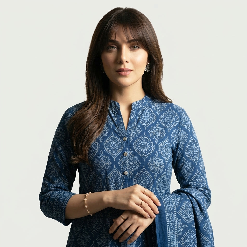 Ajrak Indigo Badam two-piece unstitched suit with traditional hand block printed almond motifs, available in cotton or lawn.