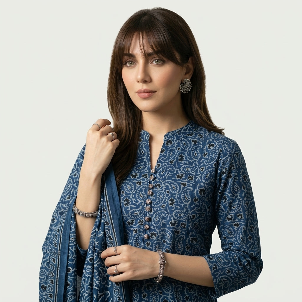 Ajrak Indigo Chinar Leaf Two-Piece Dress with Organic Dye Hand Block Printed Design in Lawn or Cotton.