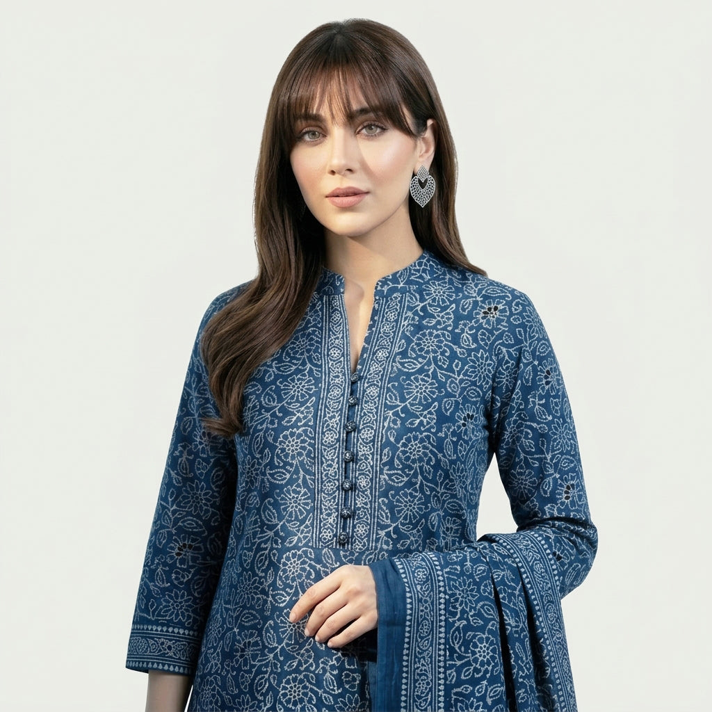 Ajrak Indigo Floral Bel unstitched two-piece dress with traditional floral vine hand block print design.
