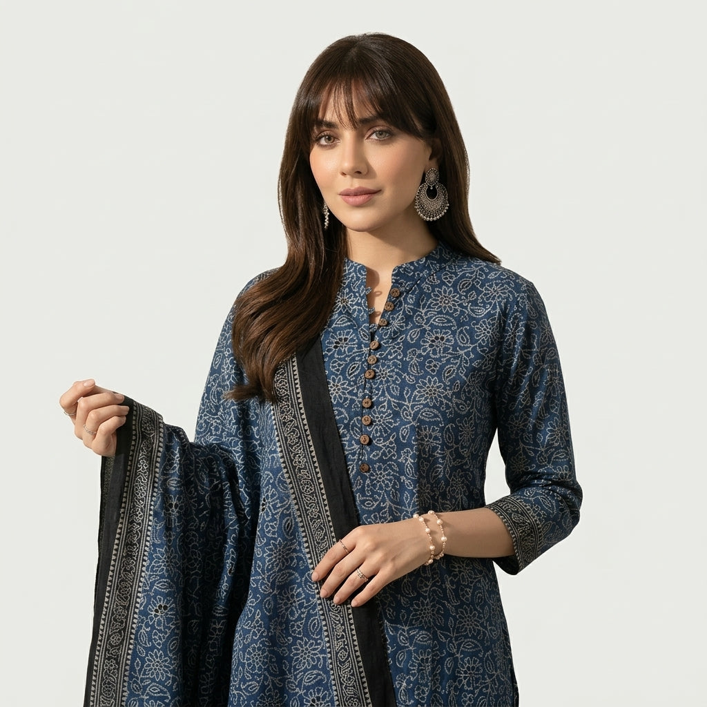 Ajrak Indigo Floral Two-Piece Unstitched Dress with Traditional Hand Block Printed Floral Motifs