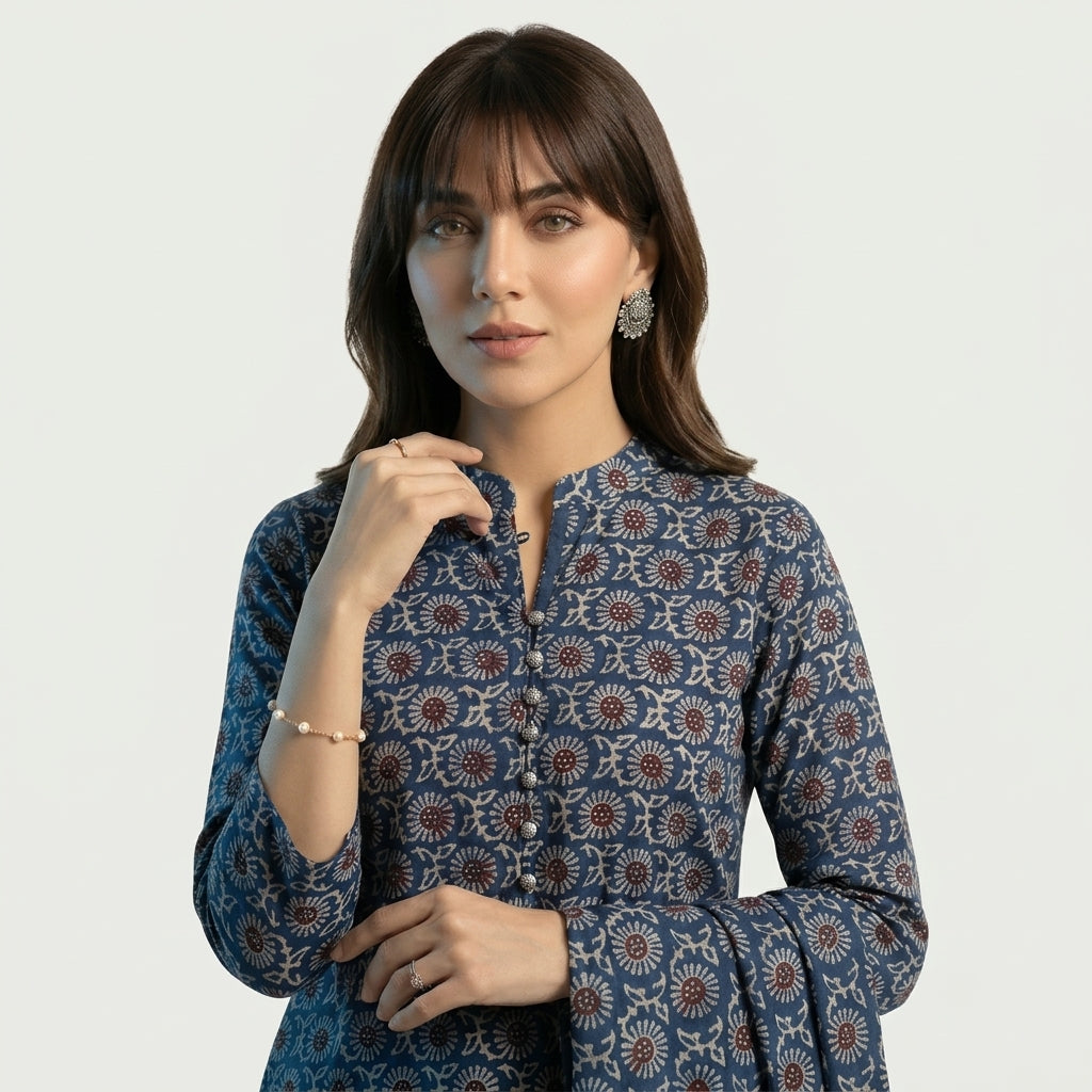 Ajrak Indigo Midnight Magic Mums unstitched two-piece lawn dress with traditional hand block printed design.