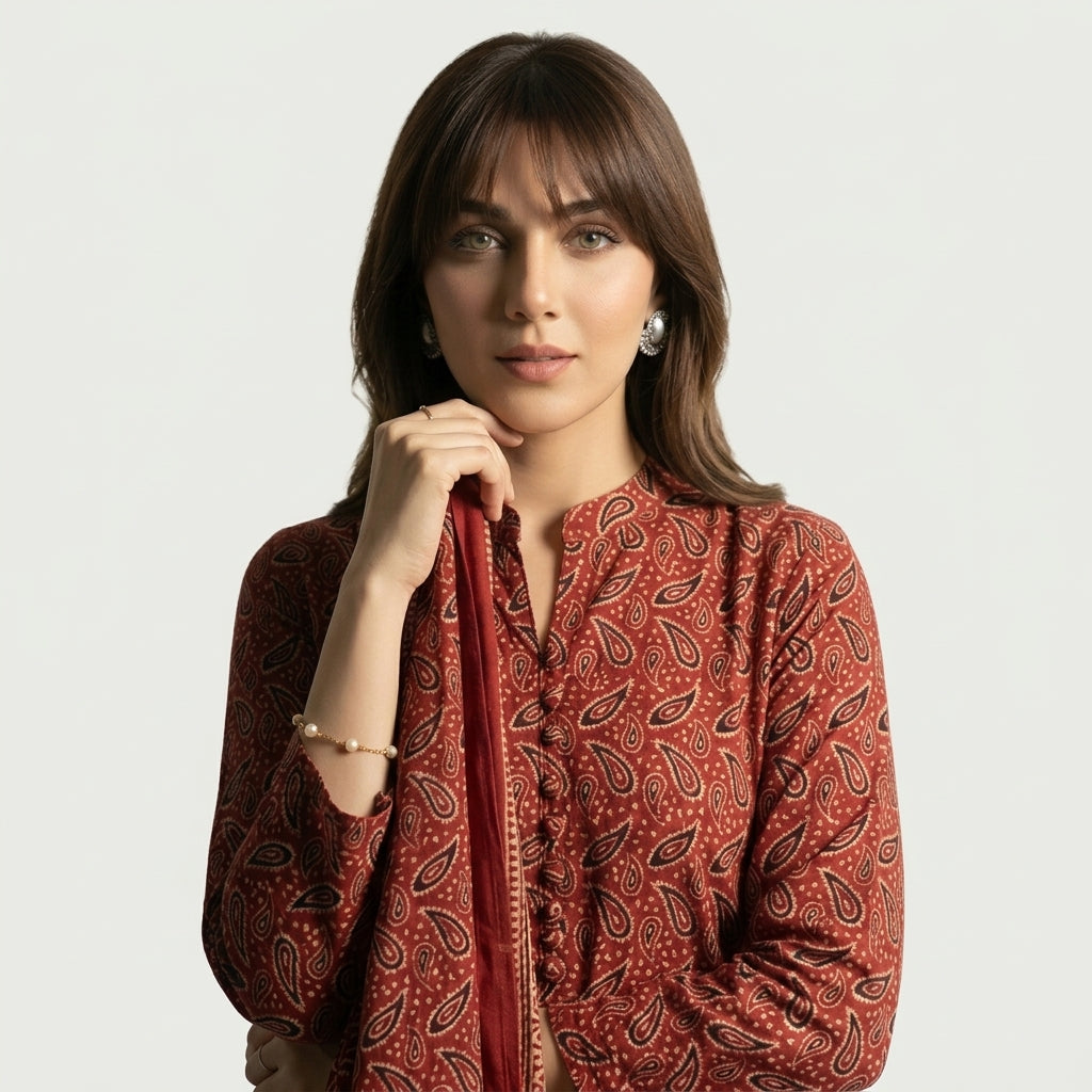 Ajrak Kerry Sharp Red unstitched two-piece suit with traditional hand block printed design.