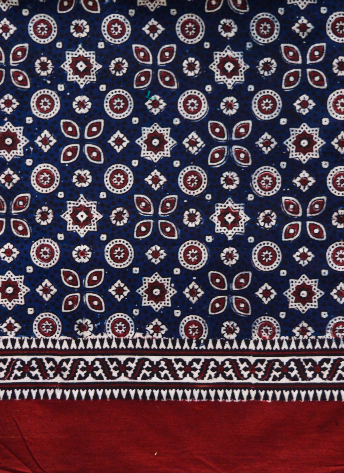 Handcrafted Sindhi Ajrak Kharik Blue Shawl – Single Paat featuring intricate block prints and natural dye patterns on premium cotton fabric.