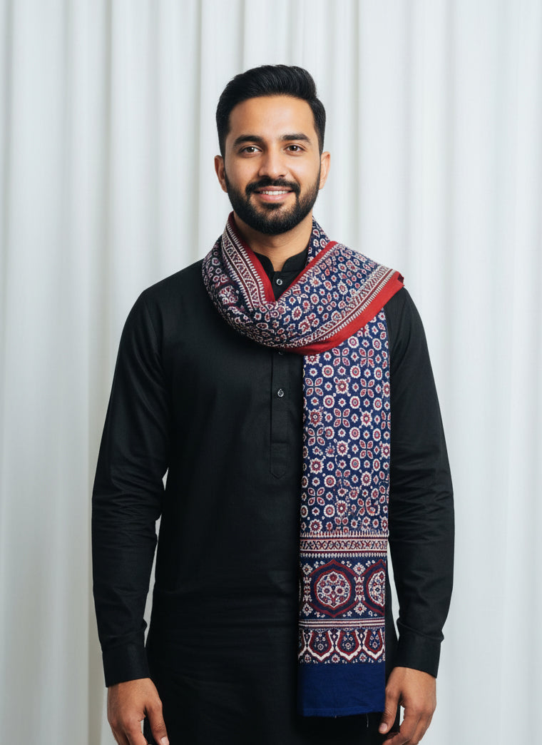 Traditional Sindhi Original Ajrak Kharik Red shawl – artisan-made, naturally dyed, and hand block printed with heritage patterns.