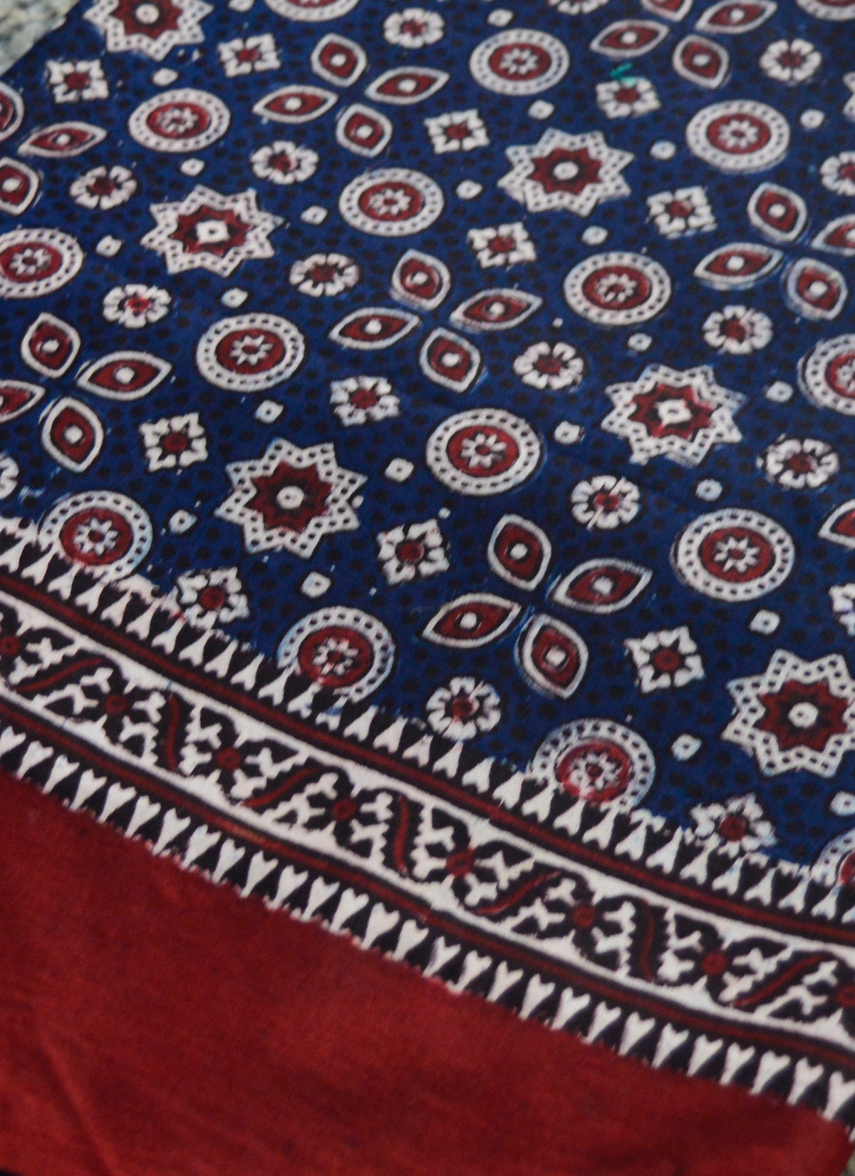 Premium Hand Block Printed Ajrak Kharik Blue Single Paat – traditional Sindhi shawl made from soft Chairman Cotton with organic plant-based dyes.