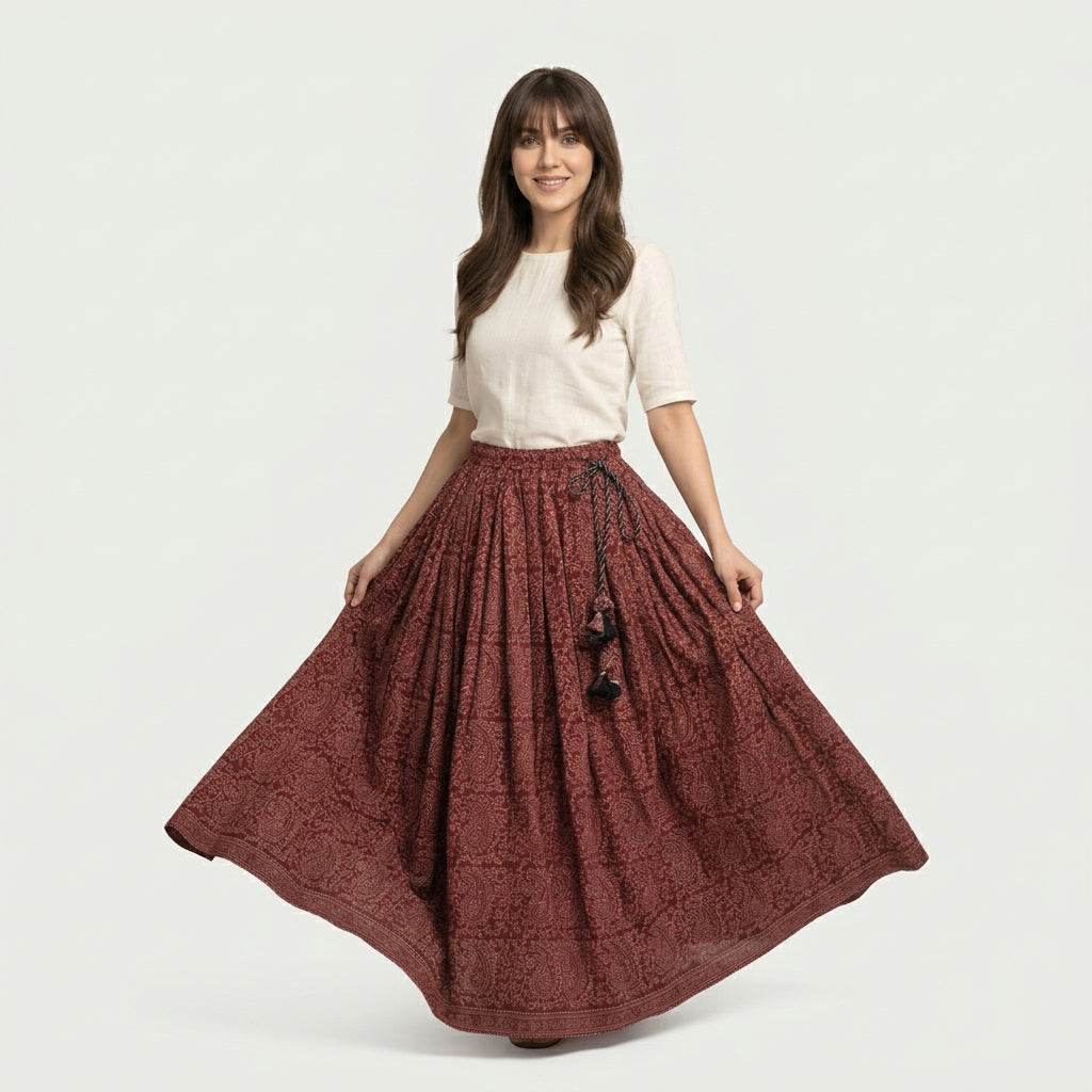 Long printed Ajrak skirt with a dramatic multi-tier silhouette