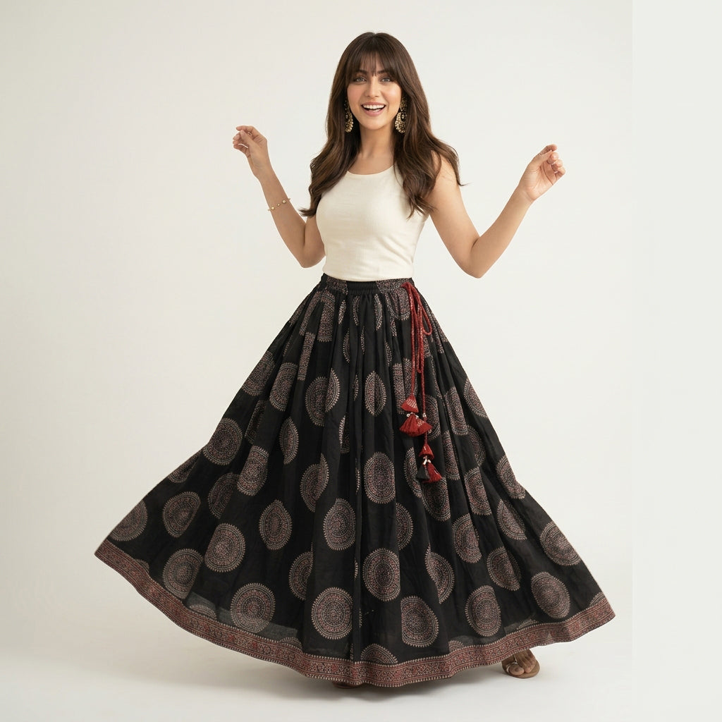 Long Ajrak skirt with intricate circular and floral patterns