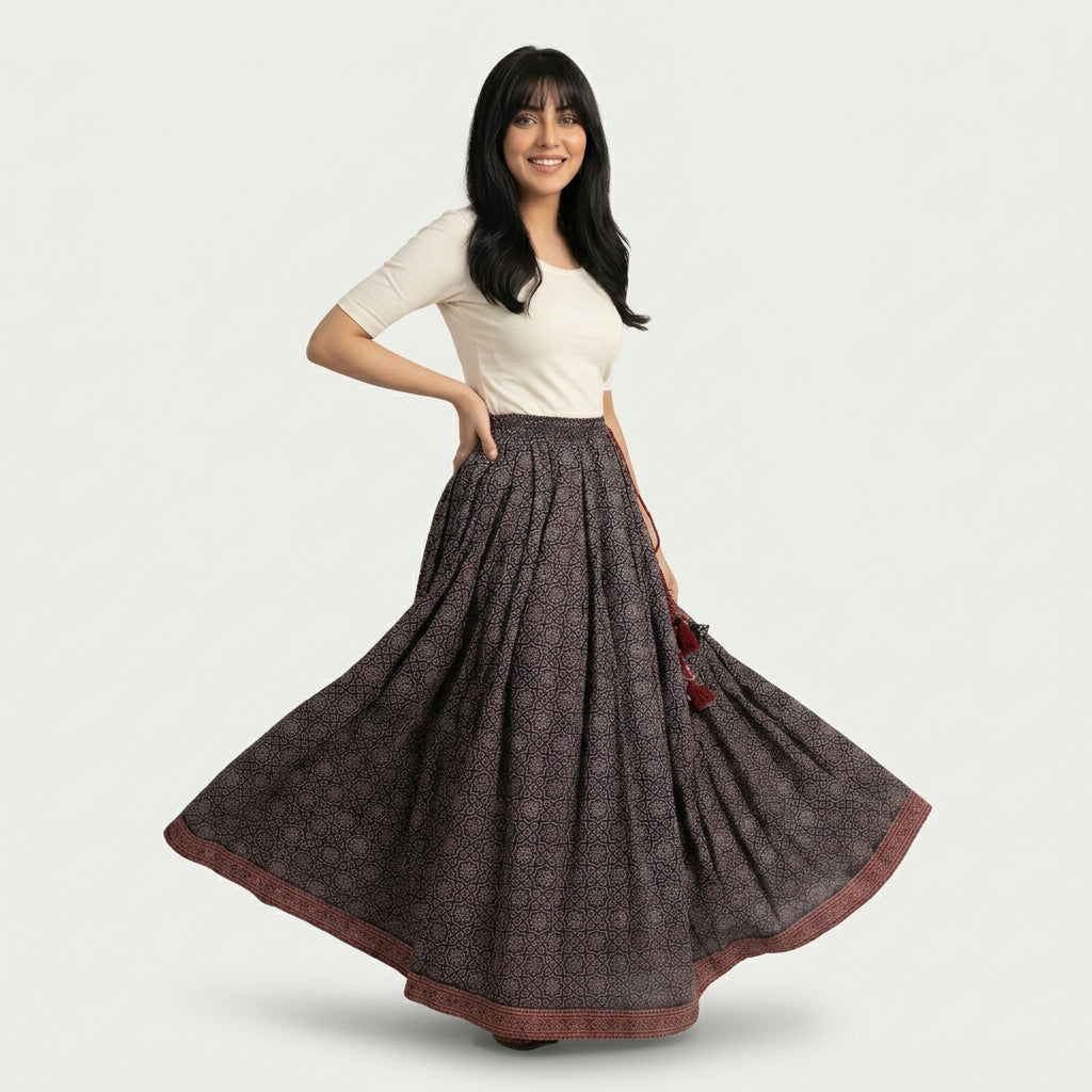Traditional Ajrak skirt with contrasting printed tier details