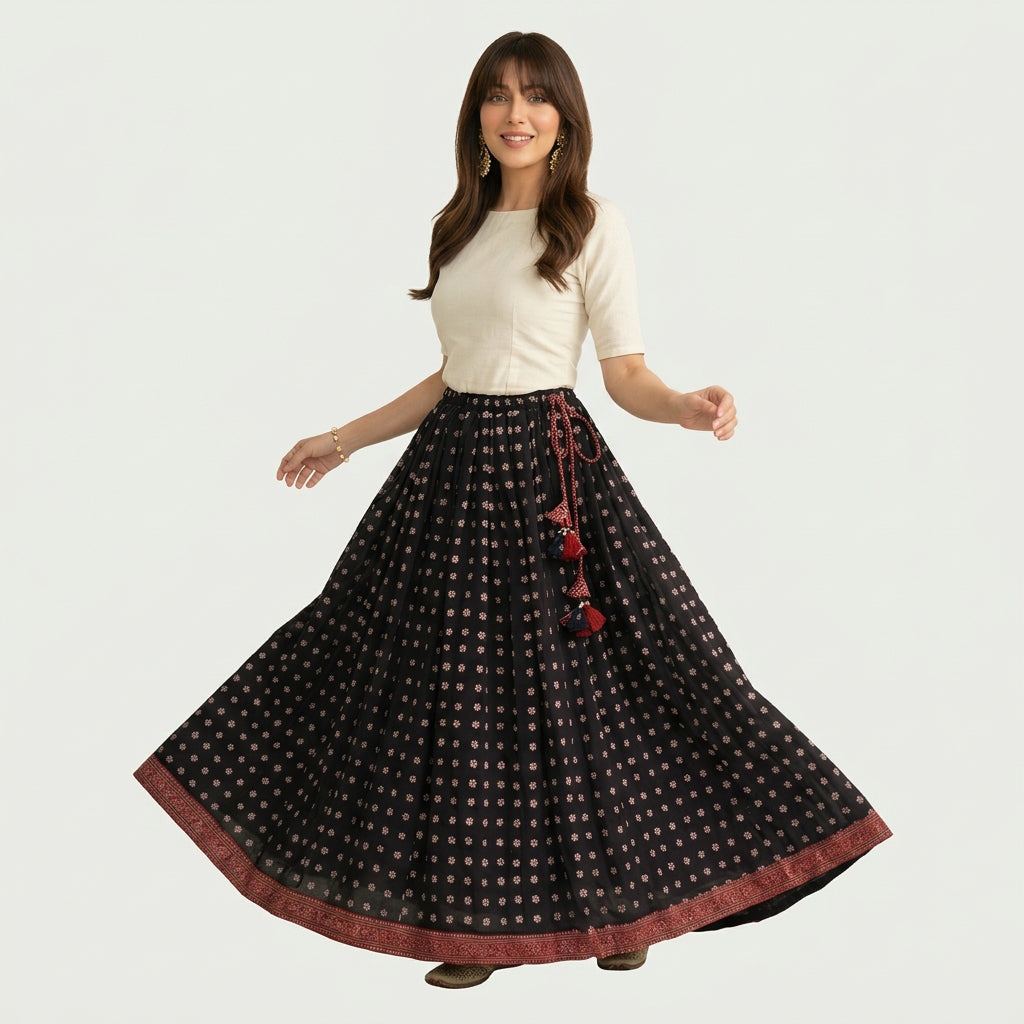 Long Ajrak skirt with alternating geometric print panels