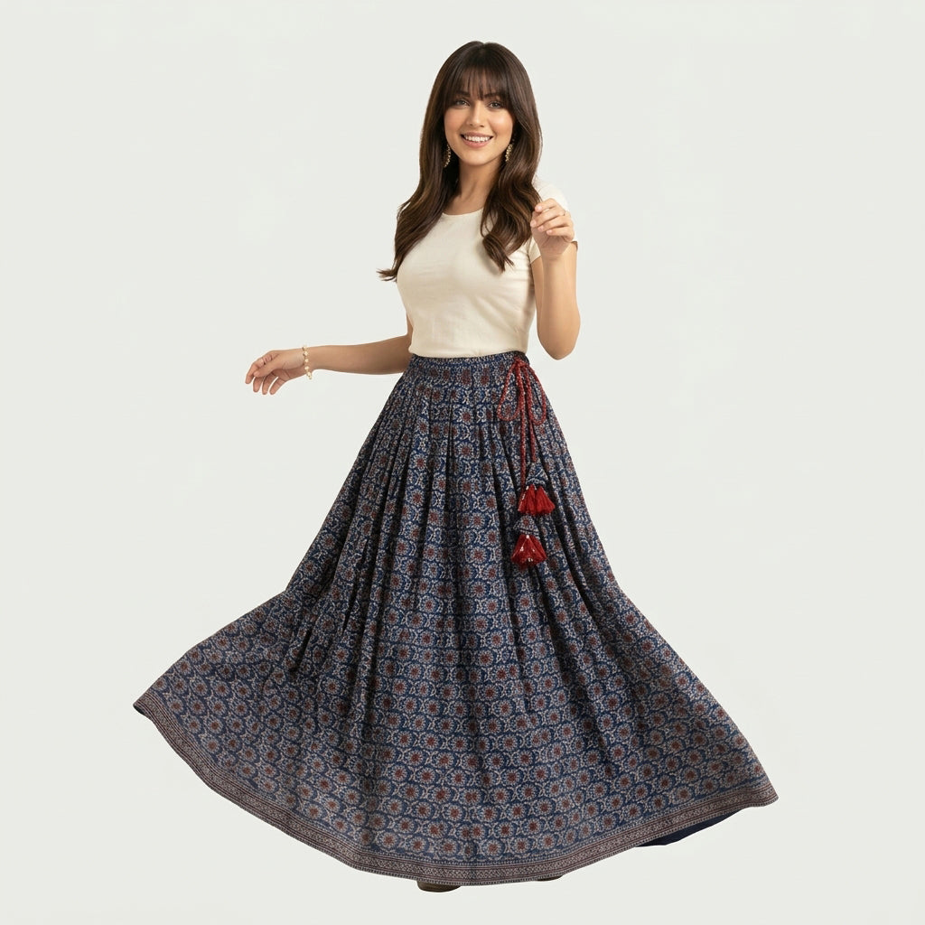 Black Ajrak maxi skirt with symmetrical geometric prints
