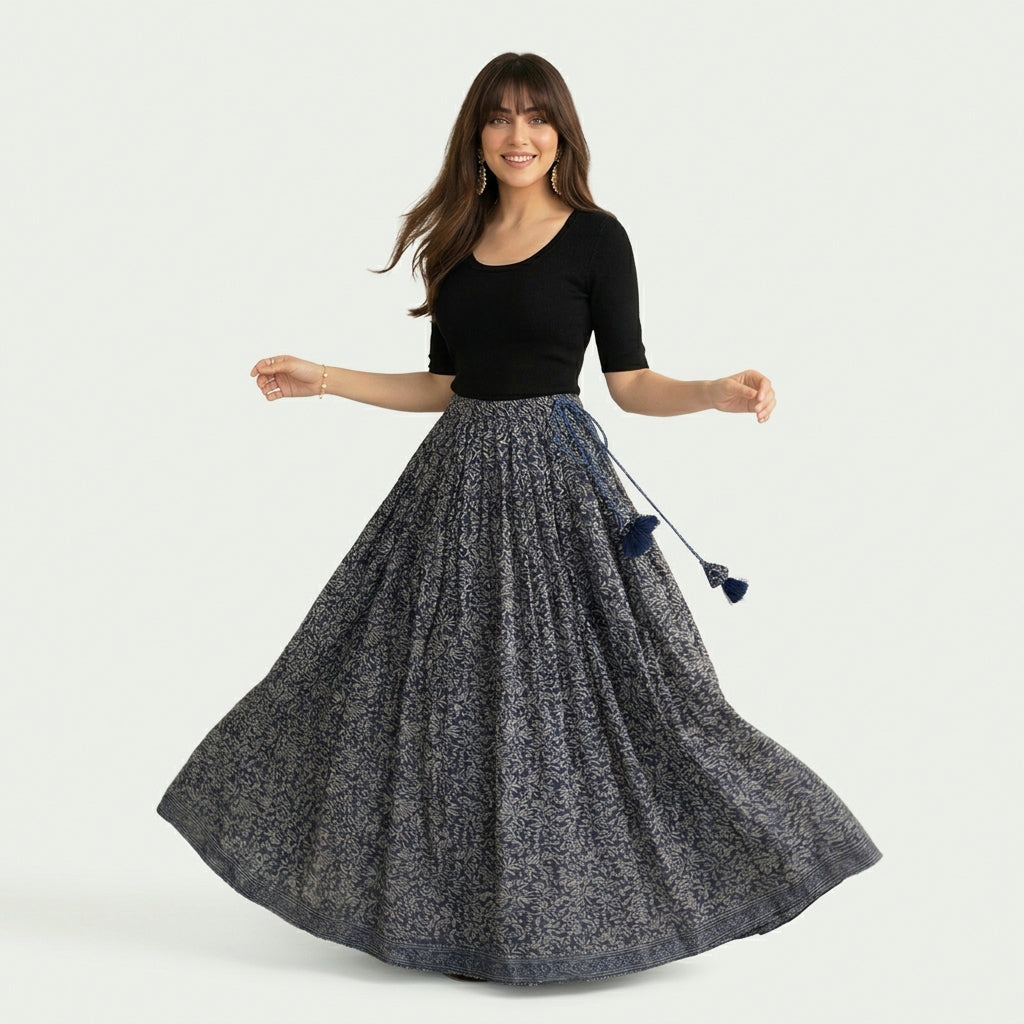 Women's Ajrak skirt with a wide hem and layered construction