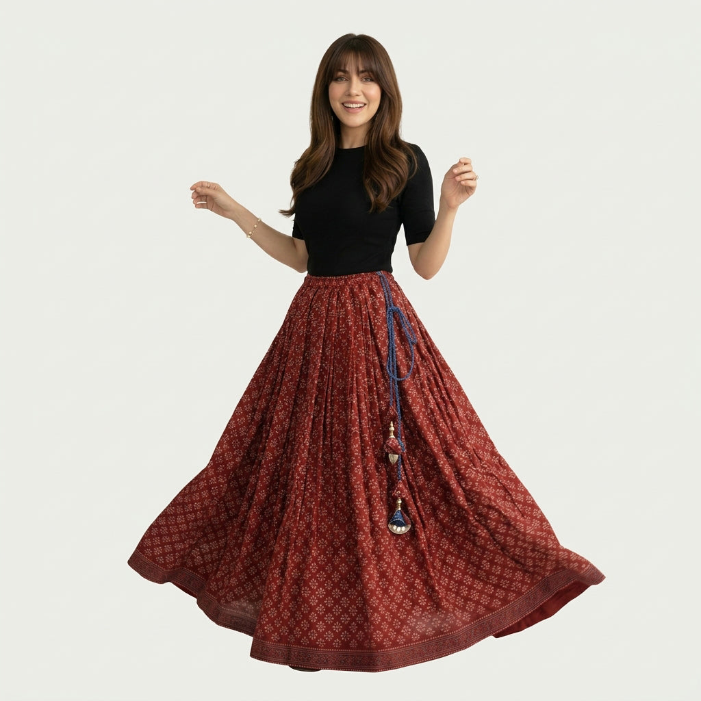 Ghumar Ajrak maxi skirt with a wide flowing silhouette