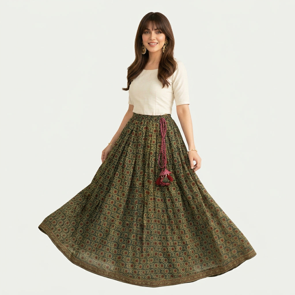 Ajrak maxi skirt with contrasting motifs and decorative borders
