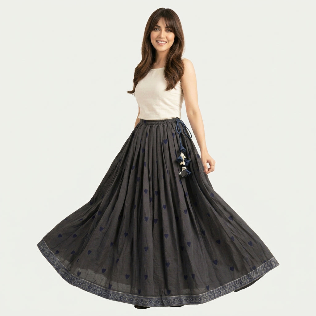Long black Ajrak skirt with a bold symmetrical print