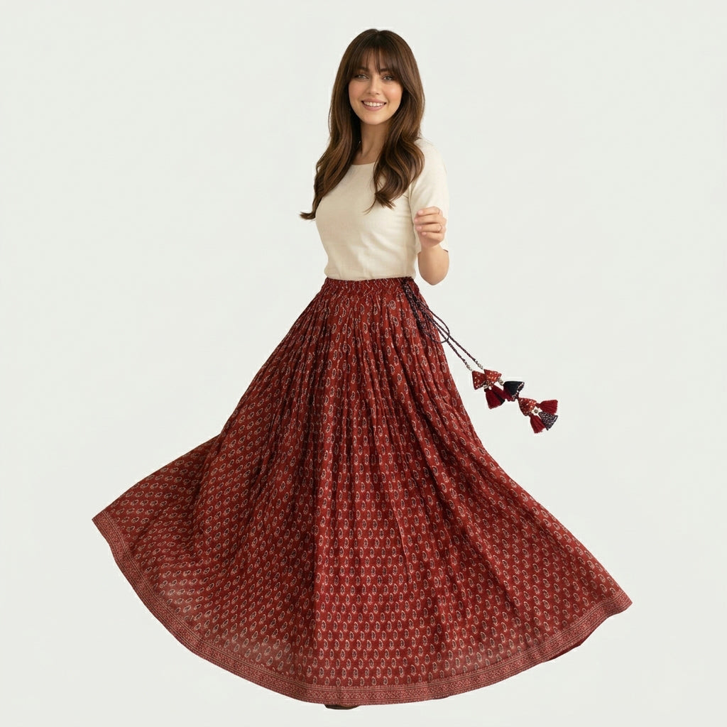 Black Ajrak long skirt with intricate traditional block print motifs