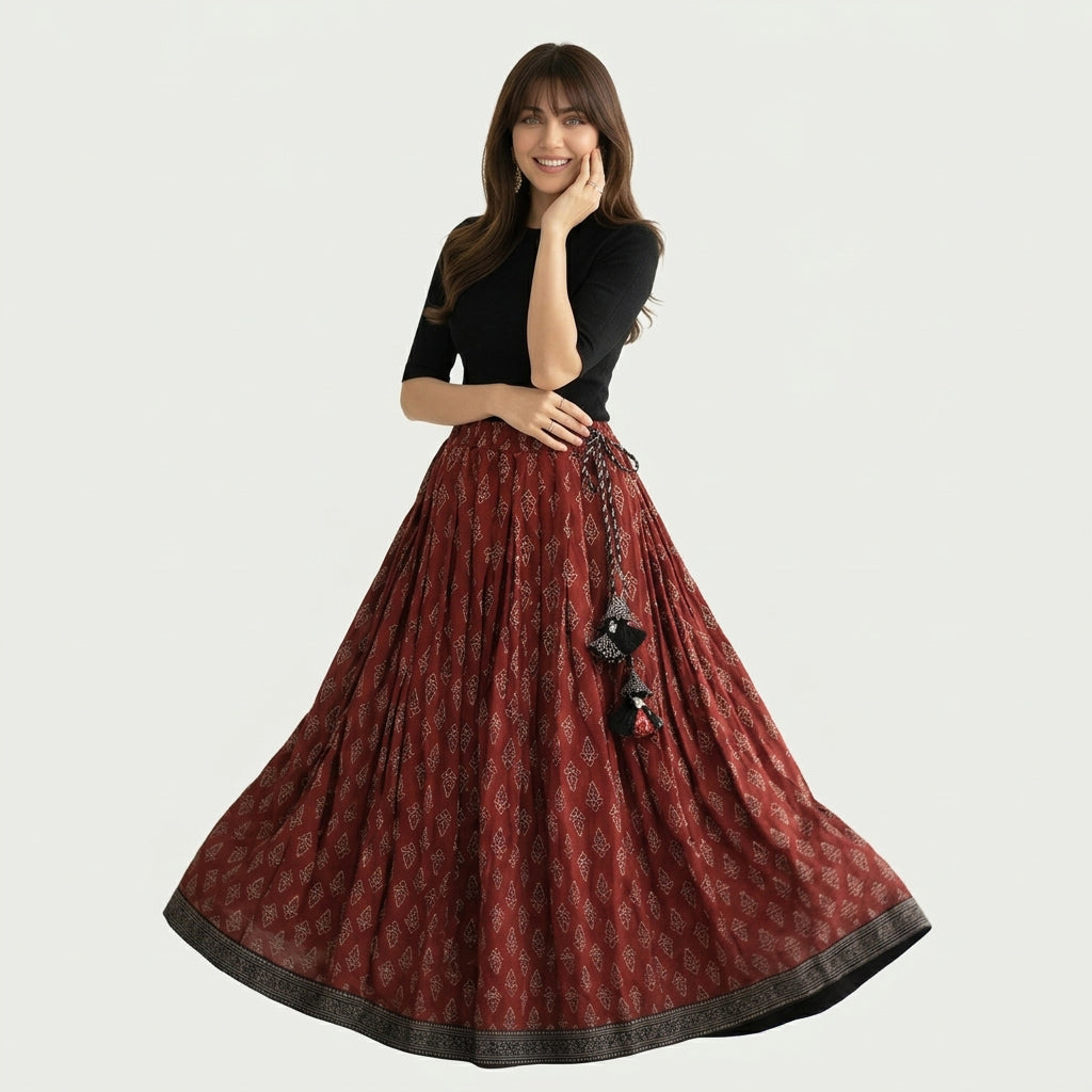 Traditional Ajrak Ghumar skirt with a wide flared hemline