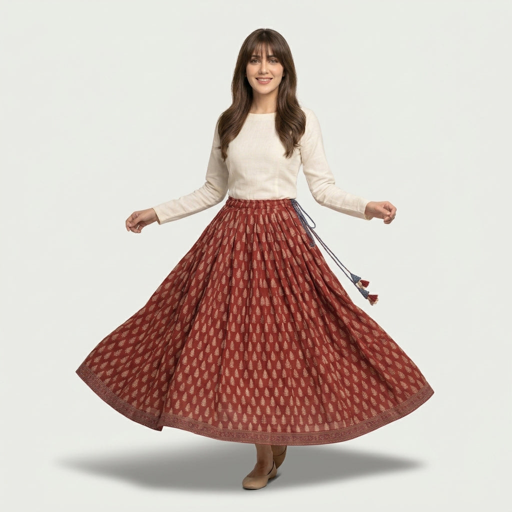 Flared Ajrak long skirt with a richly patterned appearance