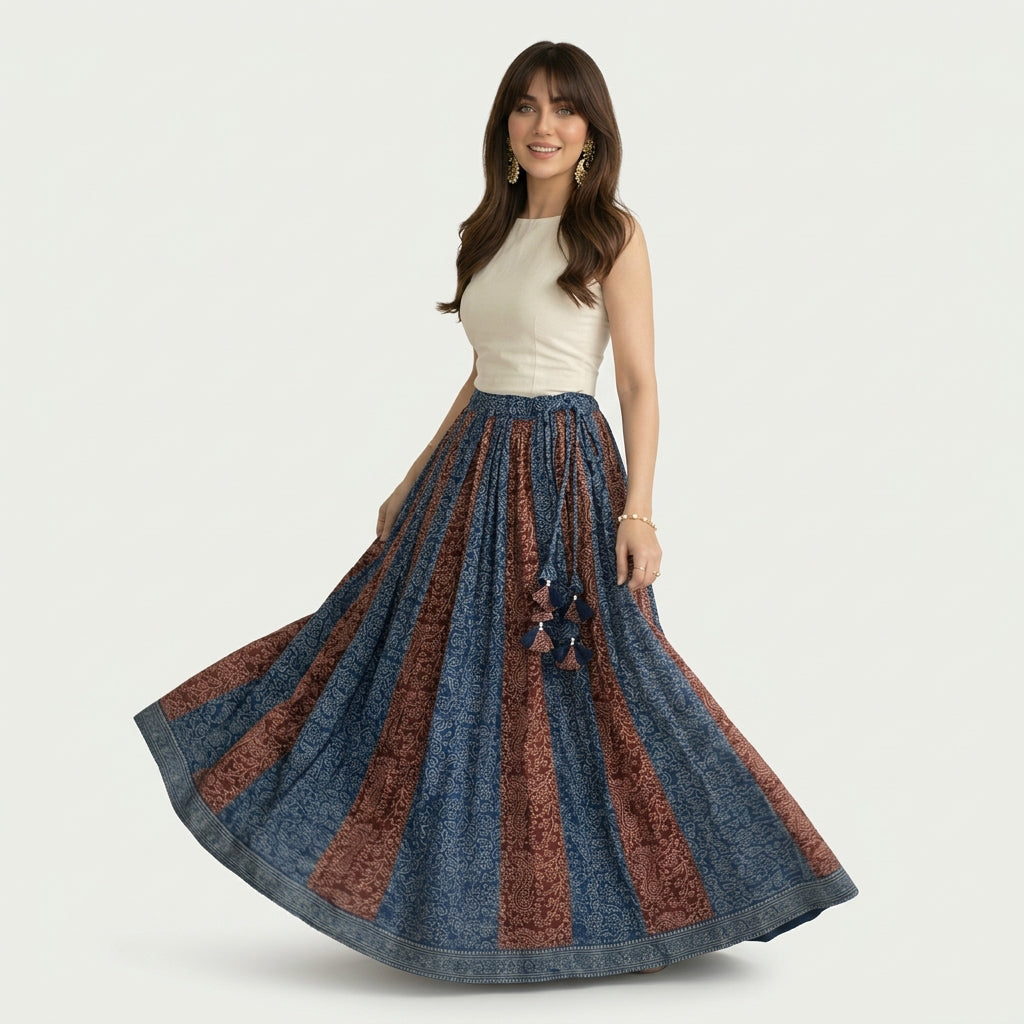 Traditional Ajrak skirt with bold symmetrical block patterns