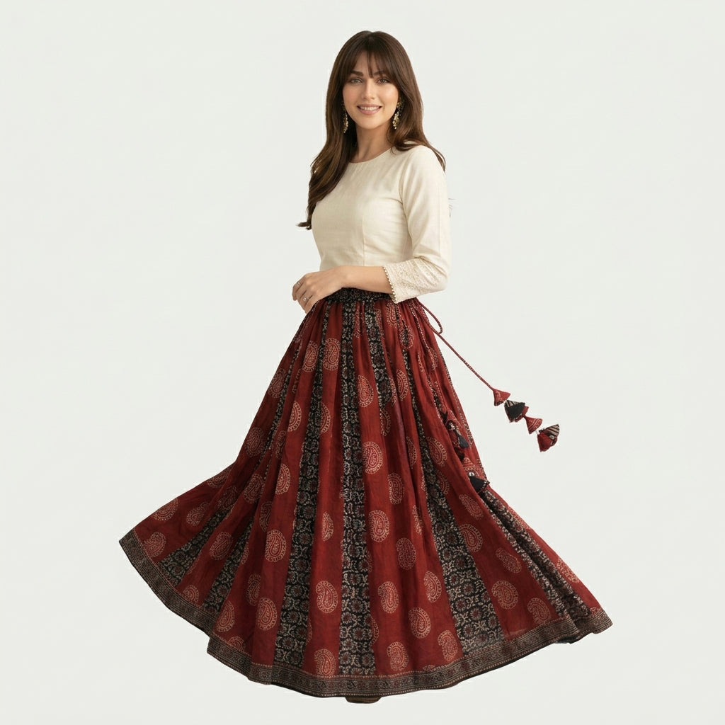 Full-flare Ajrak maxi skirt with a distinctive printed border
