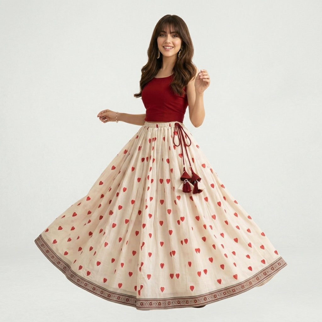 Women's flared Ajrak skirt with traditional geometric detailing