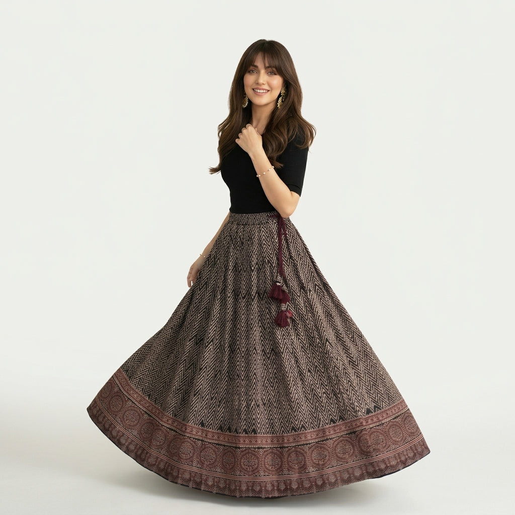 Black Ajrak skirt with an intricate all-over geometric design