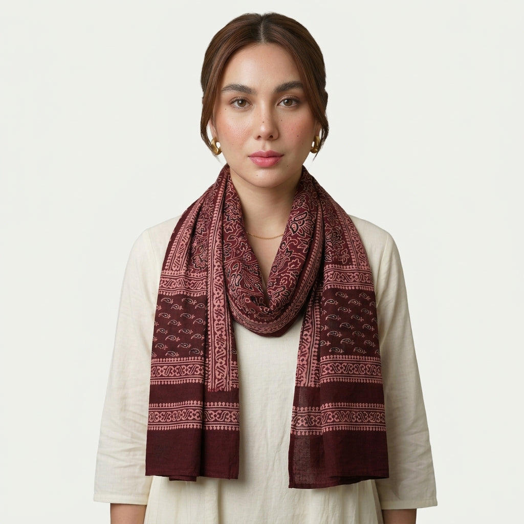 Organic dyed Ajrak scarf for women with traditional printed designs