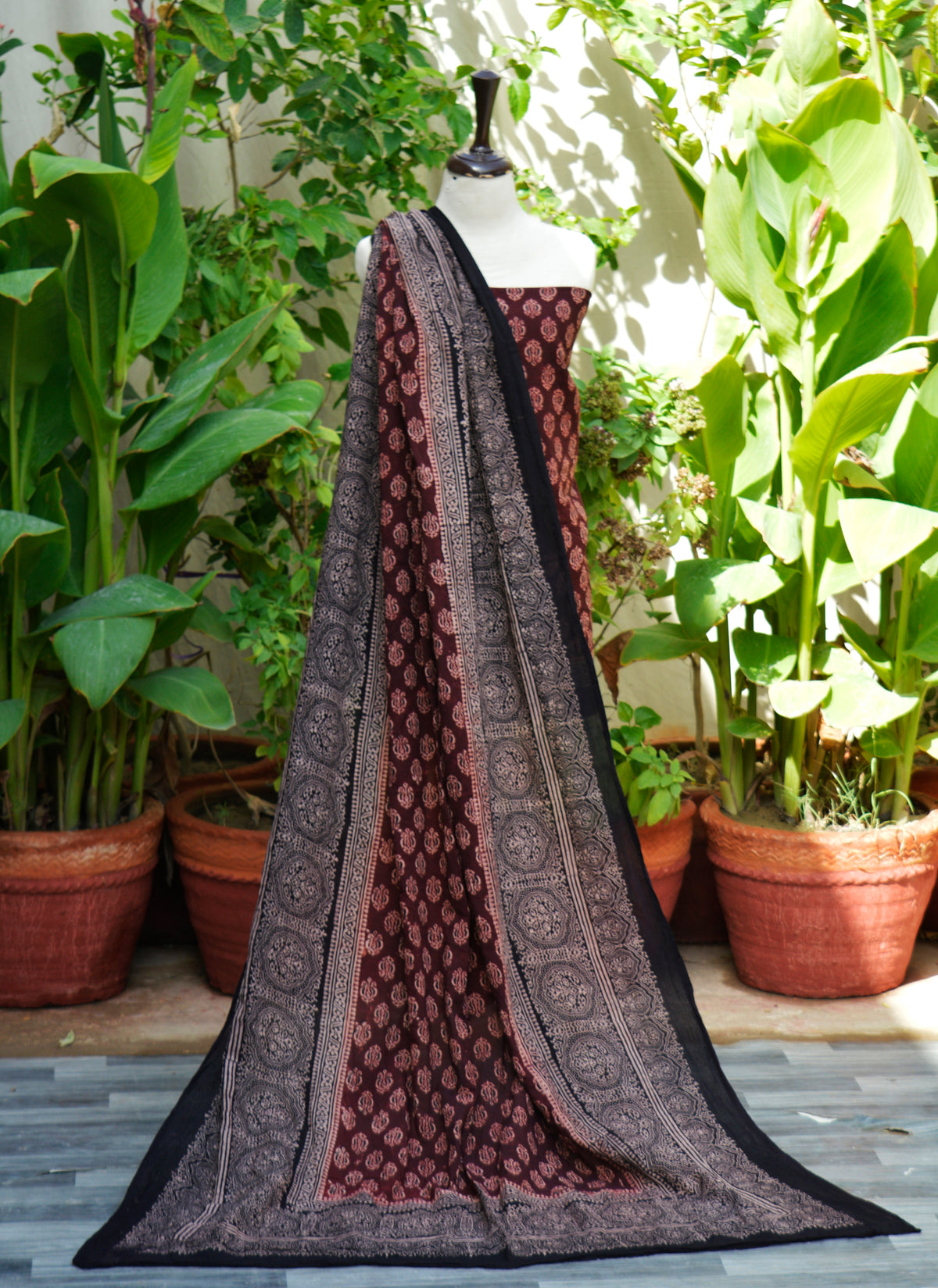 Traditional Ajrak floral maroon two piece unstitched cotton lawn suit for women Pakistan