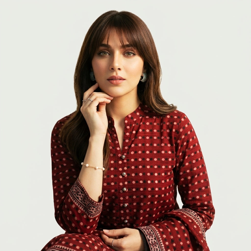 Ajrak maroon red polka dot shirt and dupatta set, organic dye hand block printed lawn or cotton unstitched two-piece dress.